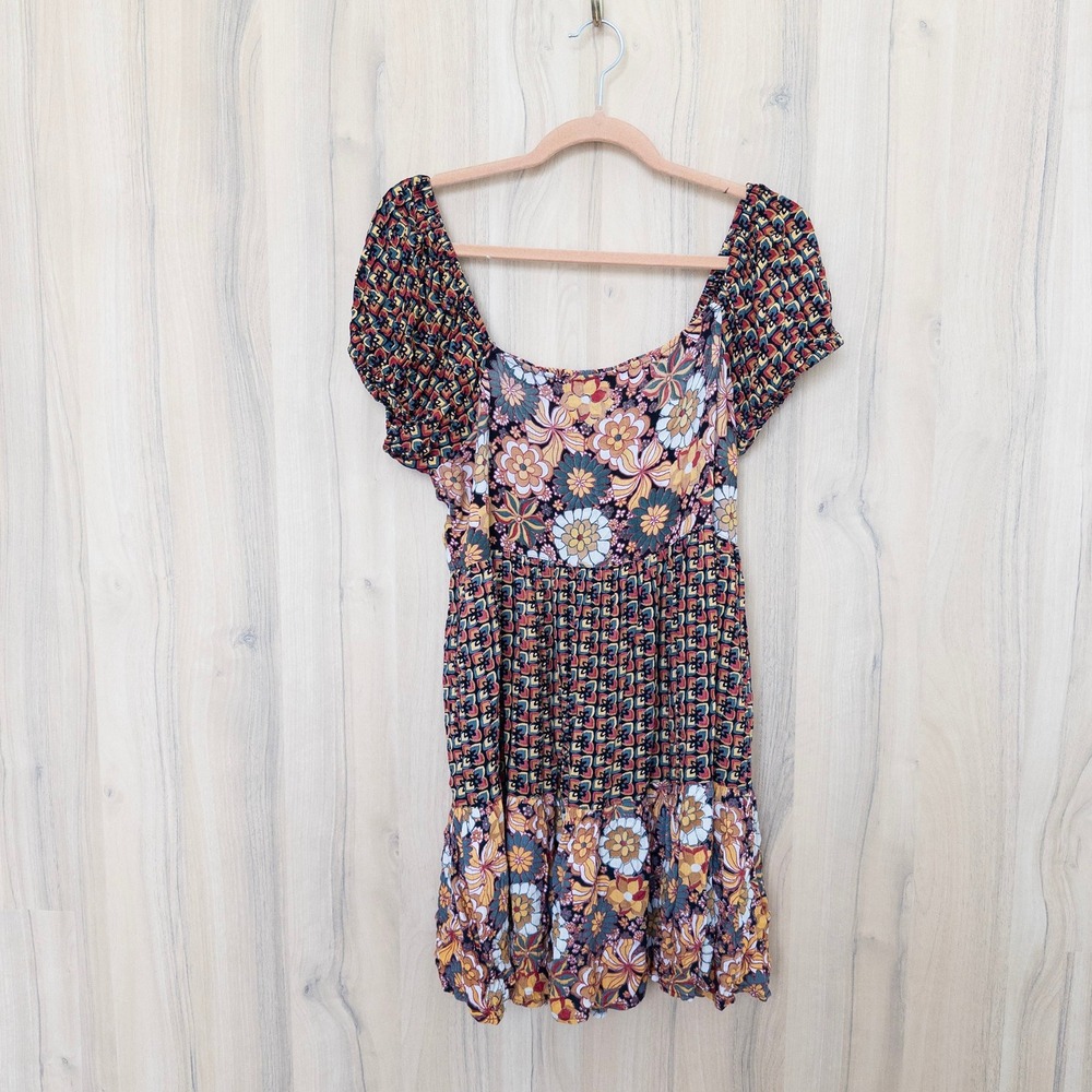 Angie Floral Mini Dress Large Multicolor Tiered Smocked Boho Hippie Retro Indie
